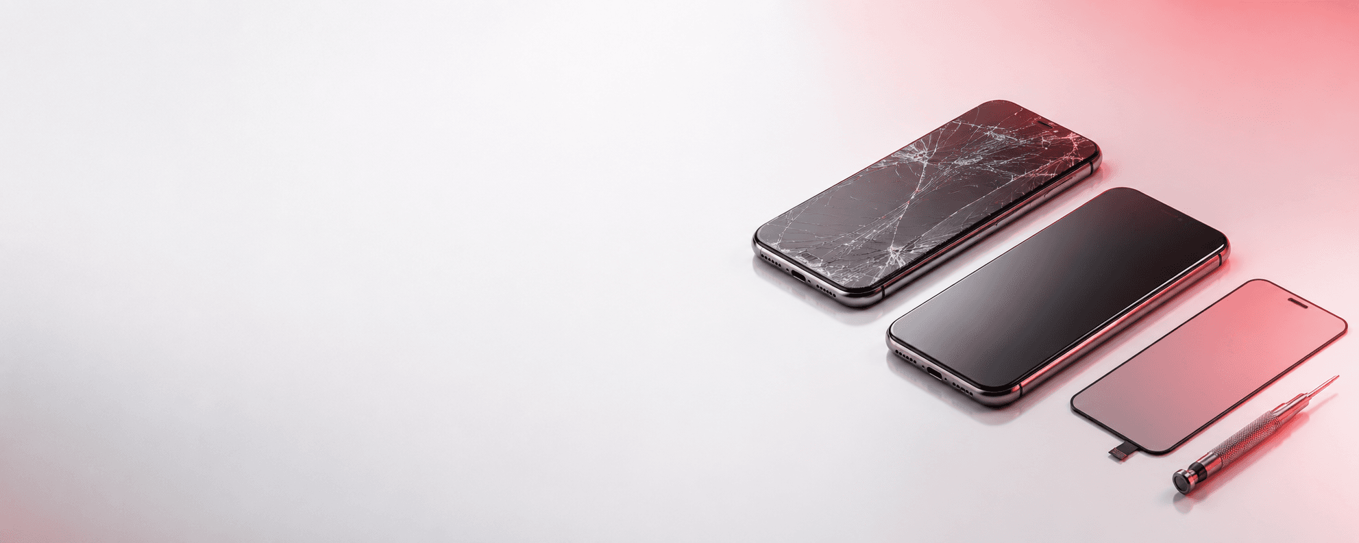 A cracked phone screen next to repair tools and a replacement display